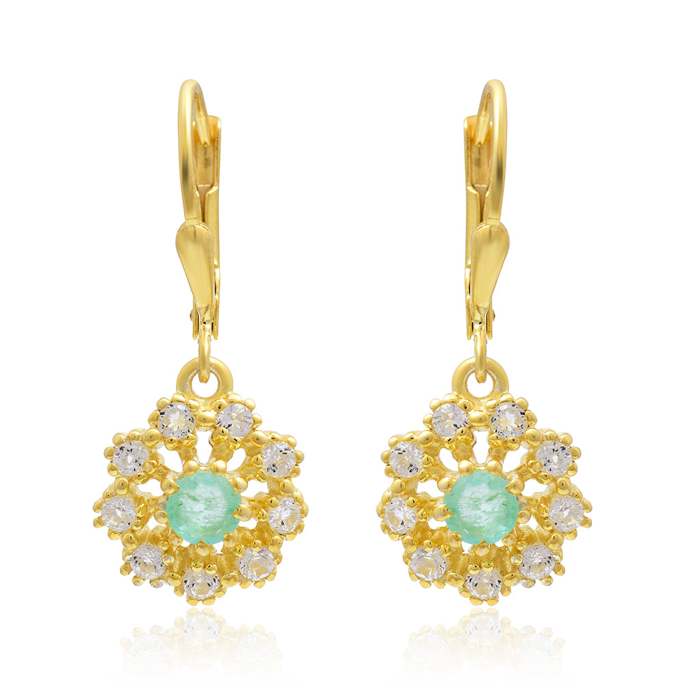 Pozlacené Stříbro 925/1000 - Náušnice s Brazilským Smaragdem a Bílým Topazem - Karátové číslo: 1.02. přibližná hmotnost: 3.4 gramů