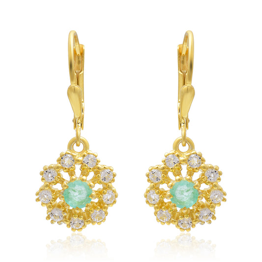 Pozlacené Stříbro 925/1000 - Náušnice s Brazilským Smaragdem a Bílým Topazem - Karátové číslo: 1.02. přibližná hmotnost: 3.4 gramů