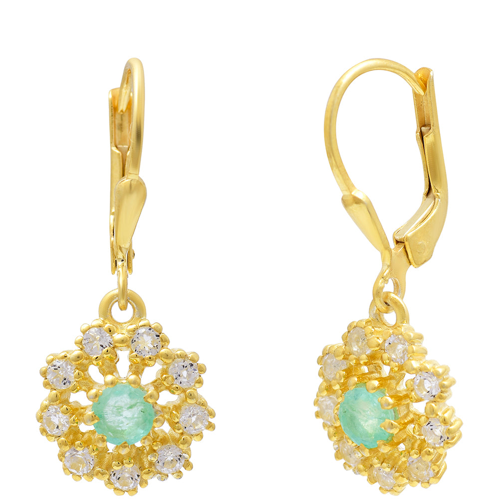 Pozlacené Stříbro 925/1000 - Náušnice s Brazilským Smaragdem a Bílým Topazem - Karátové číslo: 1.02. přibližná hmotnost: 3.4 gramů