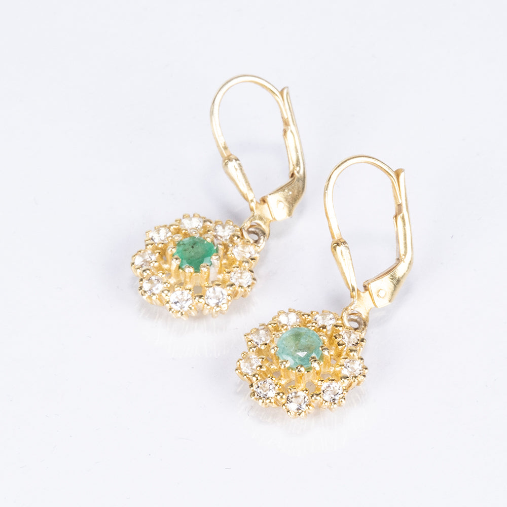 Pozlacené Stříbro 925/1000 - Náušnice s Brazilským Smaragdem a Bílým Topazem - Karátové číslo: 1.02. přibližná hmotnost: 3.4 gramů 6 