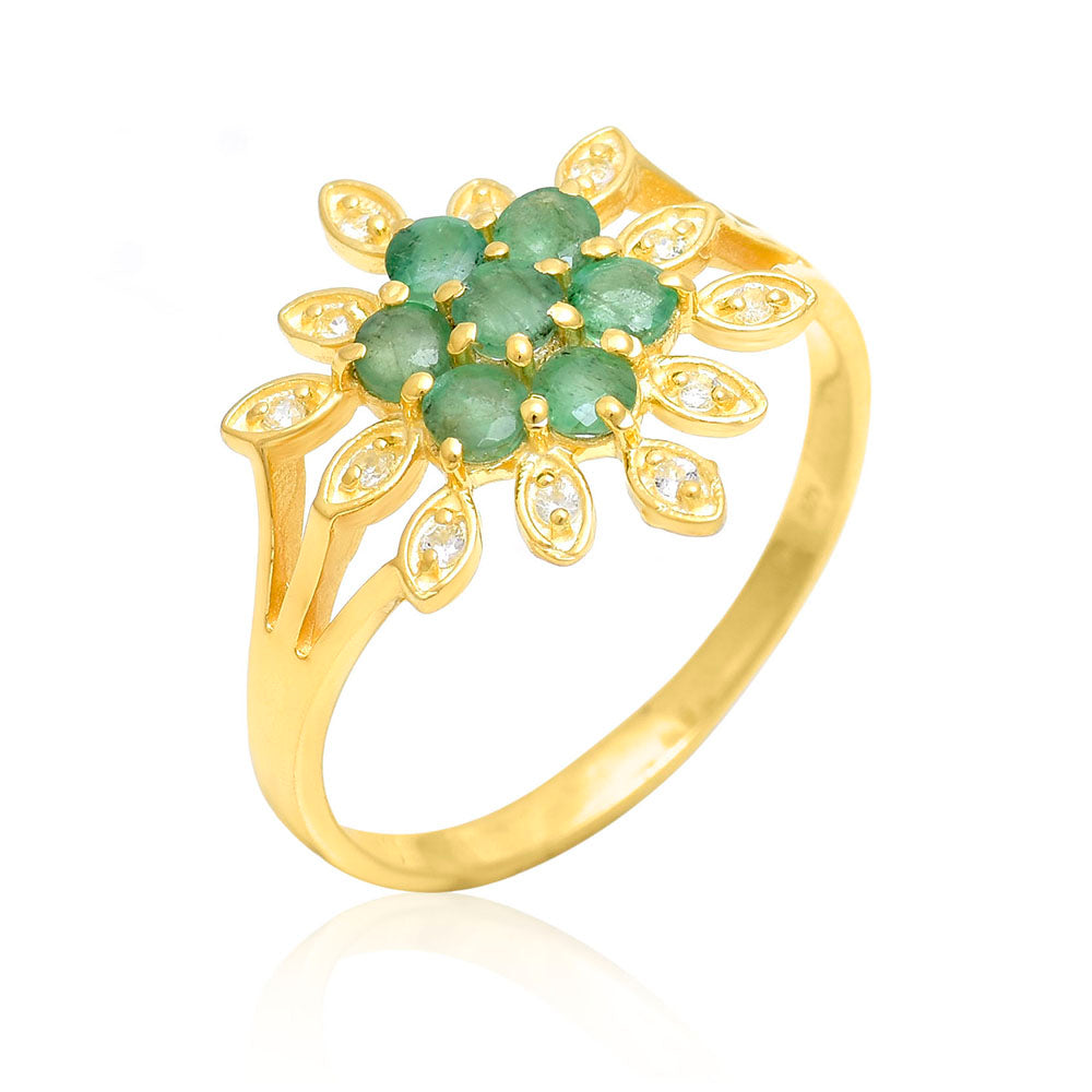 Pozlacené Stříbro 925/1000 - Prsten s Brazilským Smaragdem a Bílým Topazem - Karátové číslo: 0.81. přibližná hmotnost: 2.68 gramů