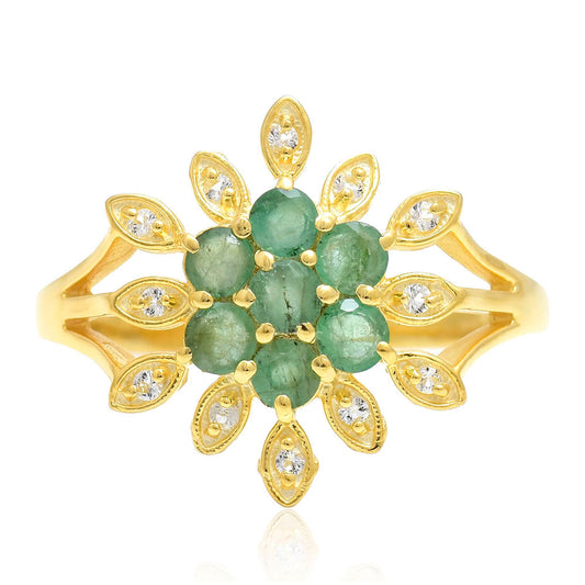 Pozlacené Stříbro 925/1000 - Prsten s Brazilským Smaragdem a Bílým Topazem - Karátové číslo: 0.81. přibližná hmotnost: 2.68 gramů