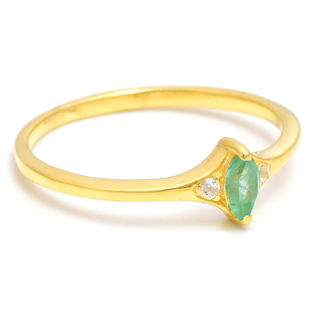 Pozlacené Stříbro 925/1000 - Prsten s Brazilským Smaragdem a Bílým Topazem - Karátové číslo: 0.12. přibližná hmotnost: 1.41 gramů