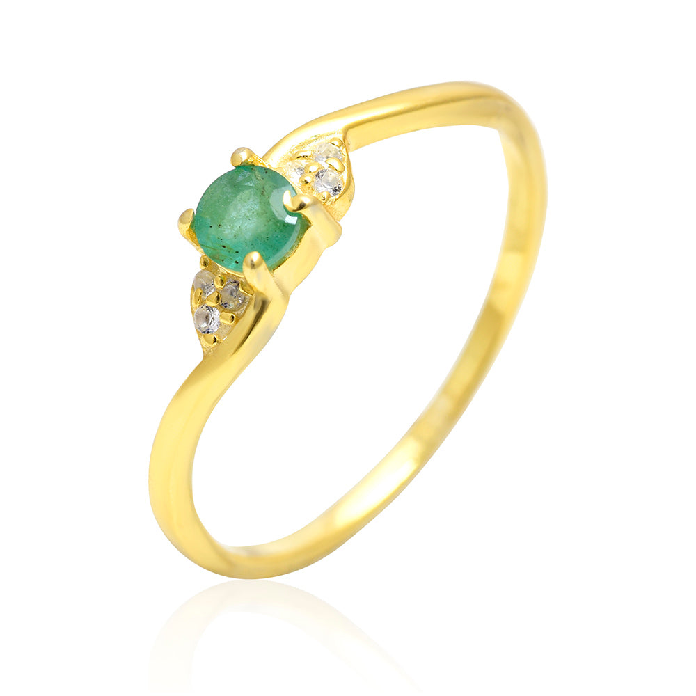 Pozlacené Stříbro 925/1000 - Prsten s Brazilským Smaragdem a Bílým Topazem - Karátové číslo: 0.28. přibližná hmotnost: 1.56 gramů