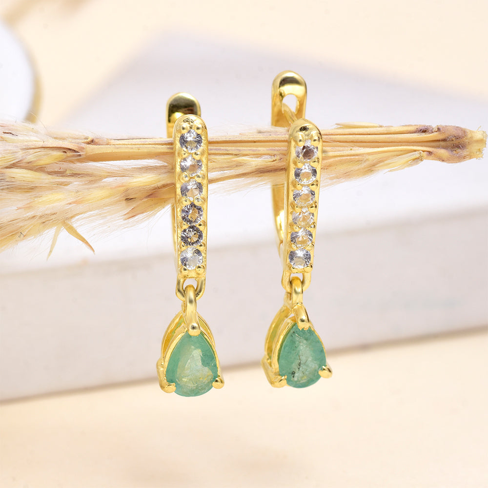 Pozlacené Stříbro 925/1000 - Náušnice s Brazilským Smaragdem a Bílým Topazem - Karátové číslo: 0.97. přibližná hmotnost: 3.18 gramů 8 