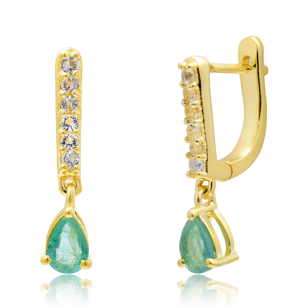 Pozlacené Stříbro 925/1000 - Náušnice s Brazilským Smaragdem a Bílým Topazem - Karátové číslo: 0.97. přibližná hmotnost: 3.18 gramů 2 