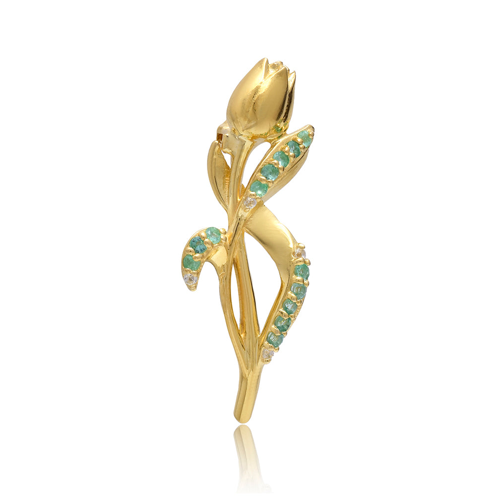 Pozlacené Stříbro 925/1000 - Brož s Brazilským Smaragdem a Bílým Topazem - Karátové číslo: 0.18. přibližná hmotnost: 2.33 gramů