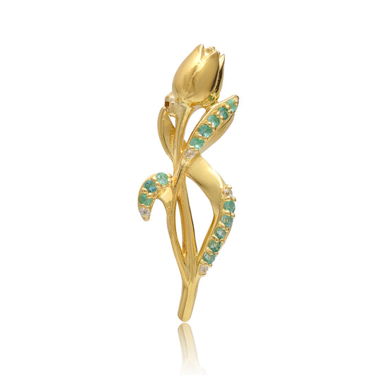 Pozlacené Stříbro 925/1000 - Brož s Brazilským Smaragdem a Bílým Topazem - Karátové číslo: 0.18. přibližná hmotnost: 2.33 gramů