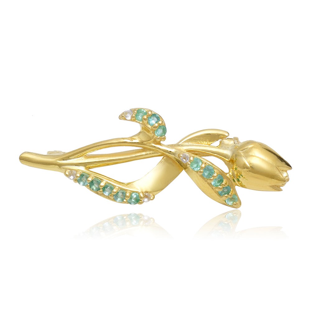 Pozlacené Stříbro 925/1000 - Brož s Brazilským Smaragdem a Bílým Topazem - Karátové číslo: 0.18. přibližná hmotnost: 2.33 gramů