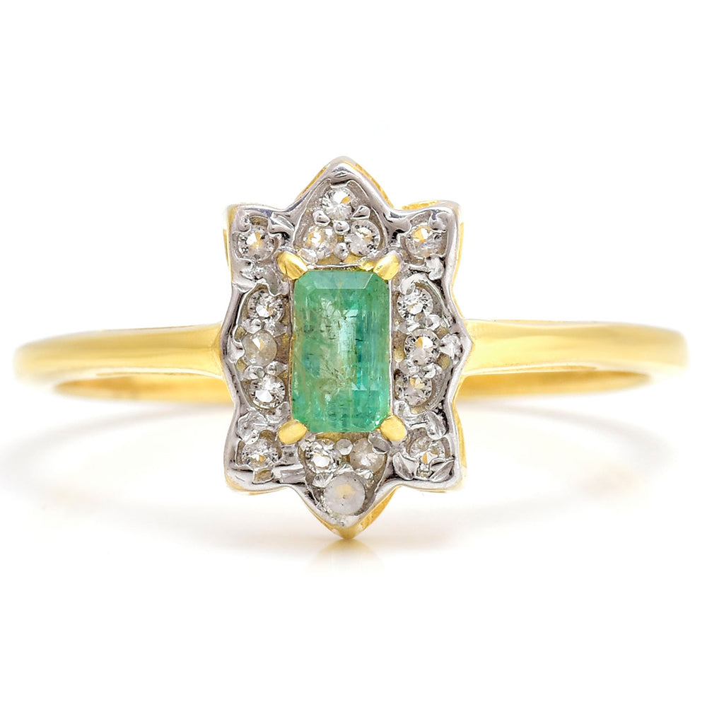 Pozlacené Stříbro 925/1000 - Prsten s Brazilským Smaragdem a Bílým Topazem - Karátové číslo: 0.41. přibližná hmotnost: 2.16 gramů