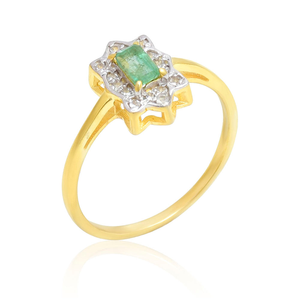 Pozlacené Stříbro 925/1000 - Prsten s Brazilským Smaragdem a Bílým Topazem - Karátové číslo: 0.41. přibližná hmotnost: 2.16 gramů 3 