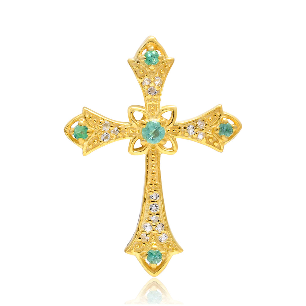 Pozlacené Stříbro 925/1000 - Přívěsek s Brazilským Smaragdem a Bílým Topazem - Karátové číslo: 0.33. přibližná hmotnost: 2.75 gramů 1 