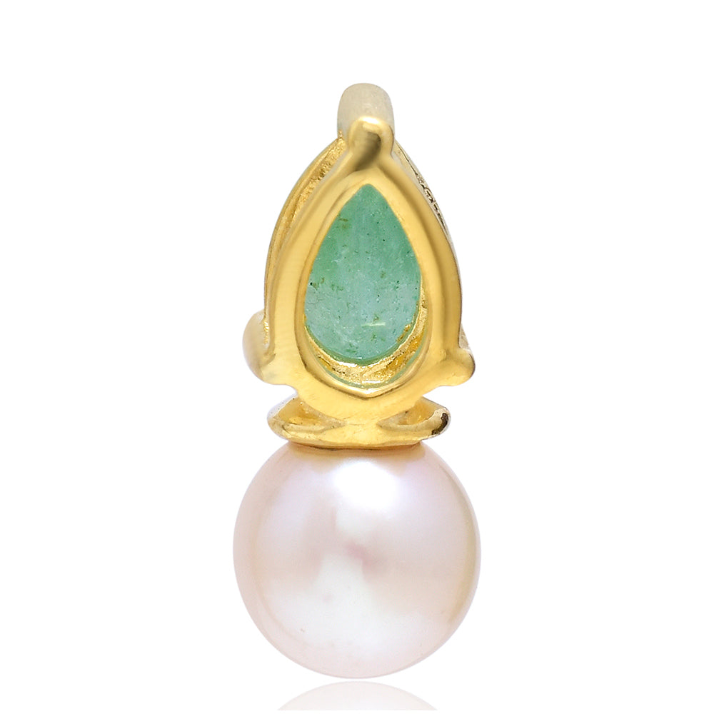 Pozlacené Stříbro 925/1000 - Přívěsek s Brazilským Smaragdem a Bílou Sladkovodní Perlou - Karátové číslo: 5.07. přibližná hmotnost: 0.69 gramů