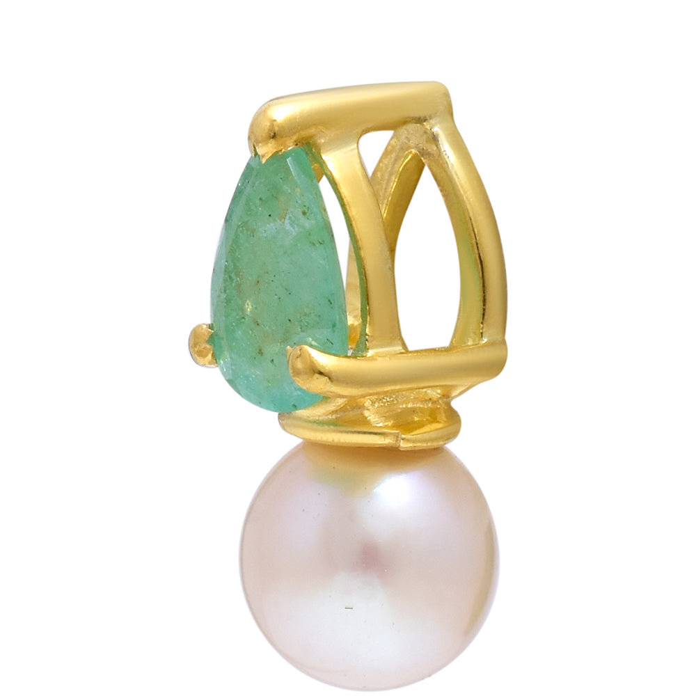 Pozlacené Stříbro 925/1000 - Přívěsek s Brazilským Smaragdem a Bílou Sladkovodní Perlou - Karátové číslo: 5.07. přibližná hmotnost: 0.69 gramů 1 