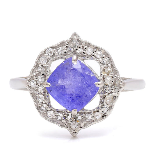 Stříbro 925/1000 - Prsten s AAA Tanzanitem a Bílým Topazem - Karátové číslo: 2.01. přibližná hmotnost: 3.44 gramů