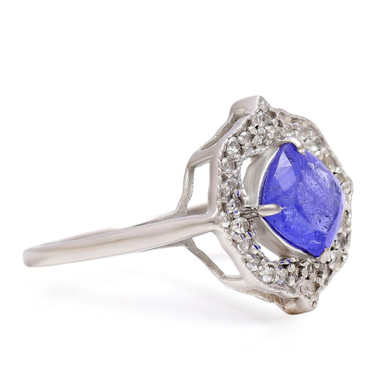 Stříbro 925/1000 - Prsten s AAA Tanzanitem a Bílým Topazem - Karátové číslo: 2.01. přibližná hmotnost: 3.44 gramů