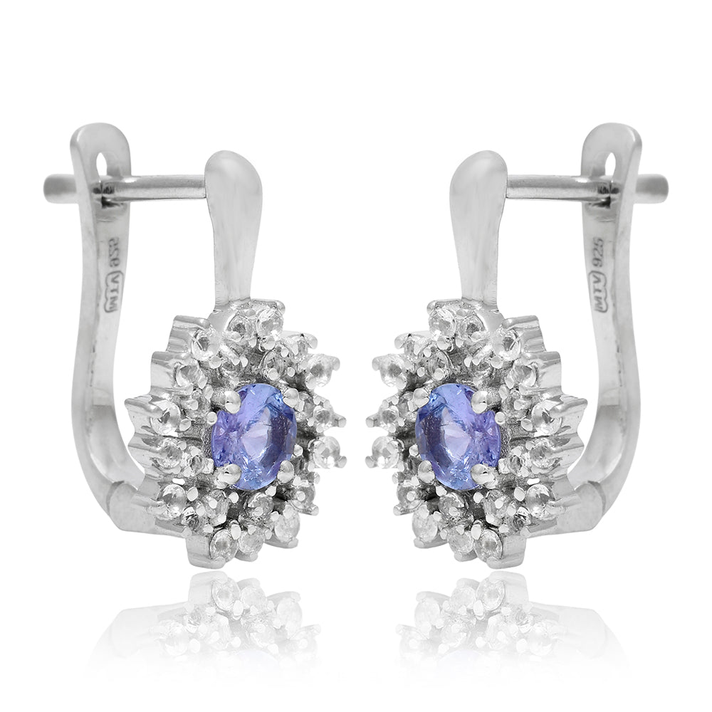 Stříbro 925/1000 - Náušnice s AAA Tanzanitem a Bílým Topazem - Karátové číslo: 0.64. přibližná hmotnost: 2.73 gramů