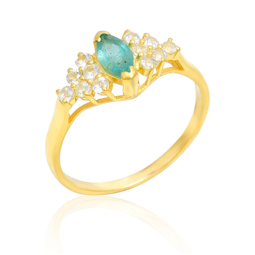 Pozlacené Stříbro 925/1000 - Prsten s Brazilským Smaragdem a Bílým Topazem - Karátové číslo: 0.78. přibližná hmotnost: 2.14 gramů