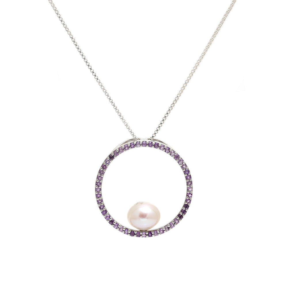 Stříbro 925/1000 - Přívěsek s Brazilským Ametystem a Bílou Sladkovodní Perlou - Karátové číslo: 4. přibližná hmotnost: 3.64 gramů 1 