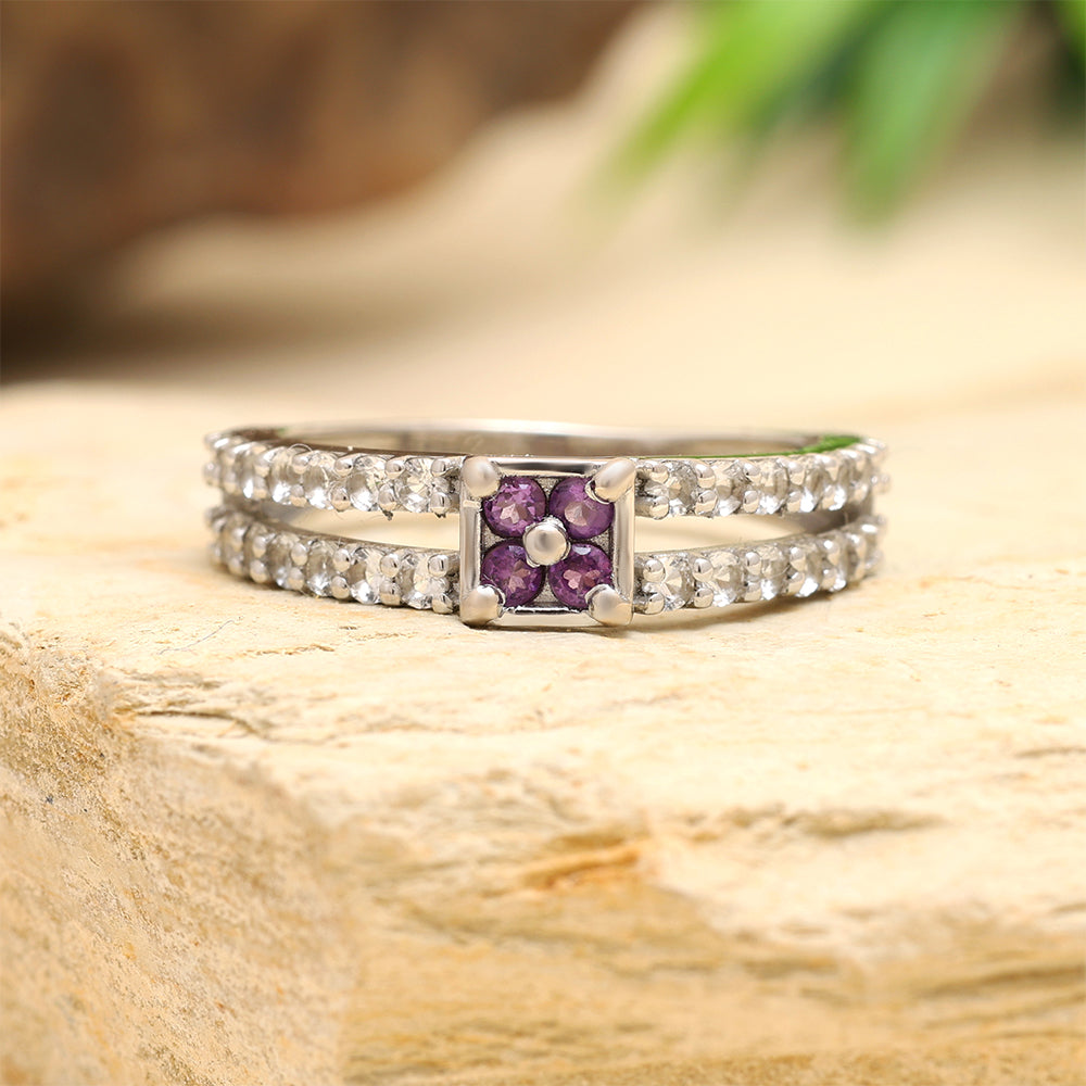 Stříbro 925/1000 - Prsten s Brazilským Ametystem a Bílým Topazem - Karátové číslo: 0.93. přibližná hmotnost: 2.79 gramů 2 