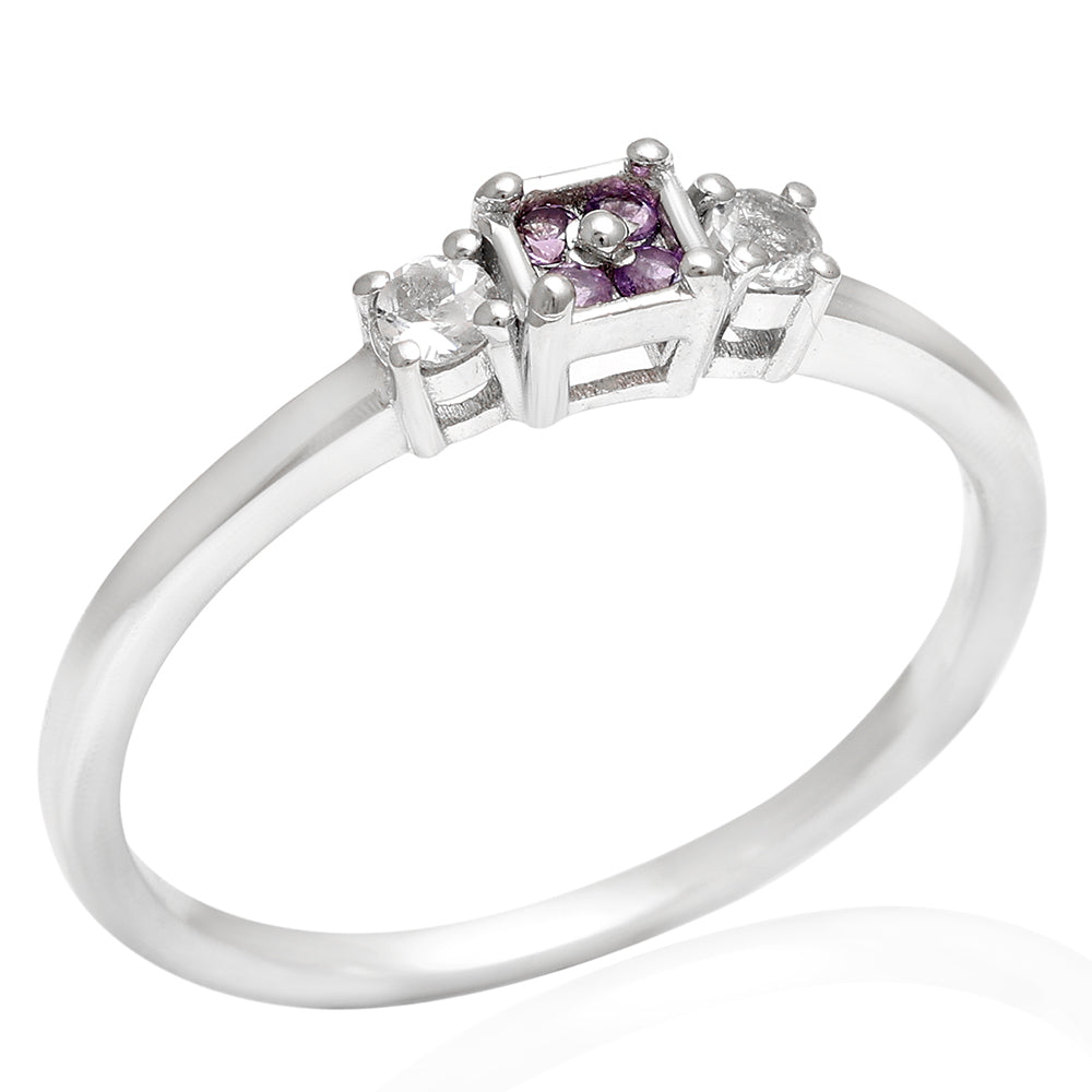 Stříbro 925/1000 - Prsten s Brazilským Ametystem a Bílým Topazem - Karátové číslo: 0.17. přibližná hmotnost: 1.63 gramů