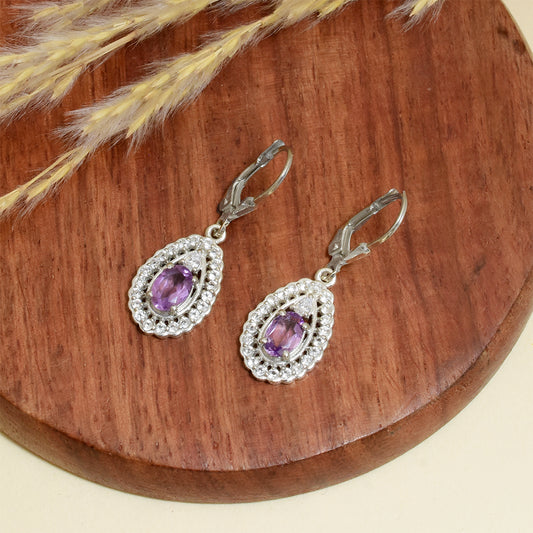 Stříbro 925/1000 - Náušnice s Brazilským Ametystem a Bílým Topazem - Karátové číslo: 2.01. přibližná hmotnost: 3.81 gramů