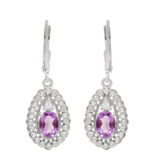 Stříbro 925/1000 - Náušnice s Brazilským Ametystem a Bílým Topazem - Karátové číslo: 2.01. přibližná hmotnost: 3.81 gramů