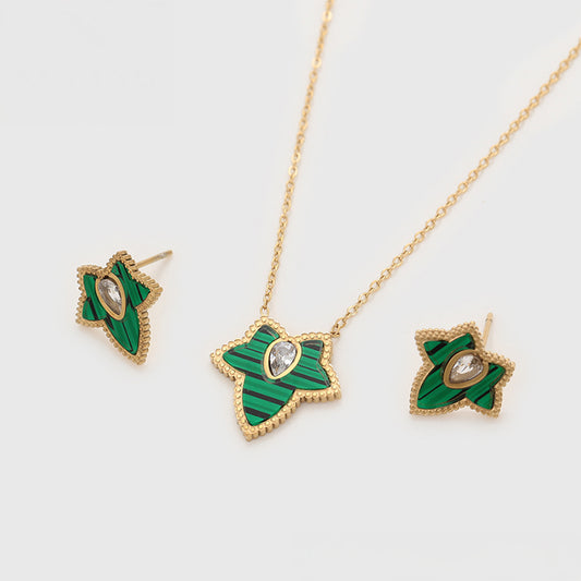 Pozlacená Slitinová Sada se Zeleným Emporia® Křišťálem a Bílým Emporia® Křišťálem ( Náhrdelník+Náušnice )