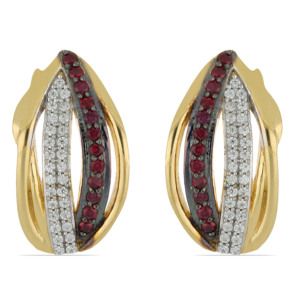 Pozlacené Stříbro 925/1000 - Náušnice s Madagaskarským Rubínem a Přírodním Bílým Zirkonem - Karátové číslo: 1.78. přibližná hmotnost: 7.58 gramů