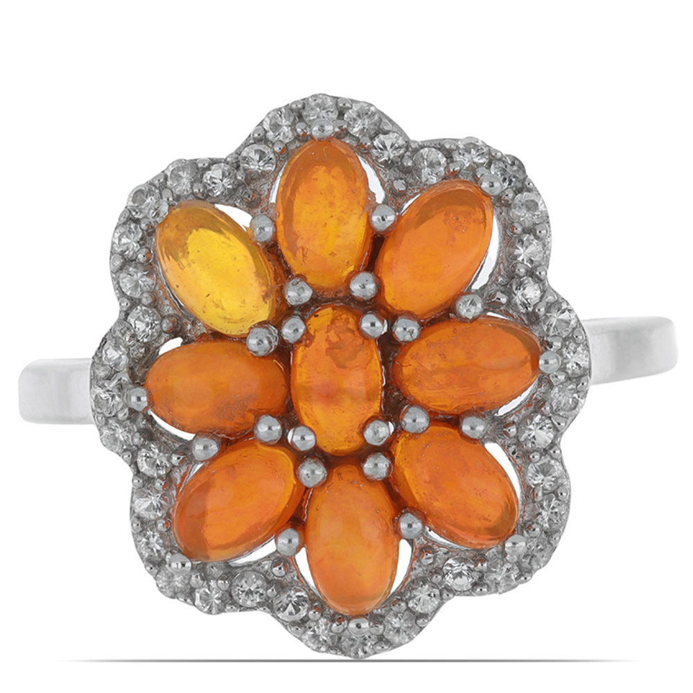 Stříbro 925/1000 Prsten s Oranžovým Opálem z Lega Dembi a Bílým Topazem - Karátové číslo: 2.06. přibližná hmotnost: 4.66 gramů 1 