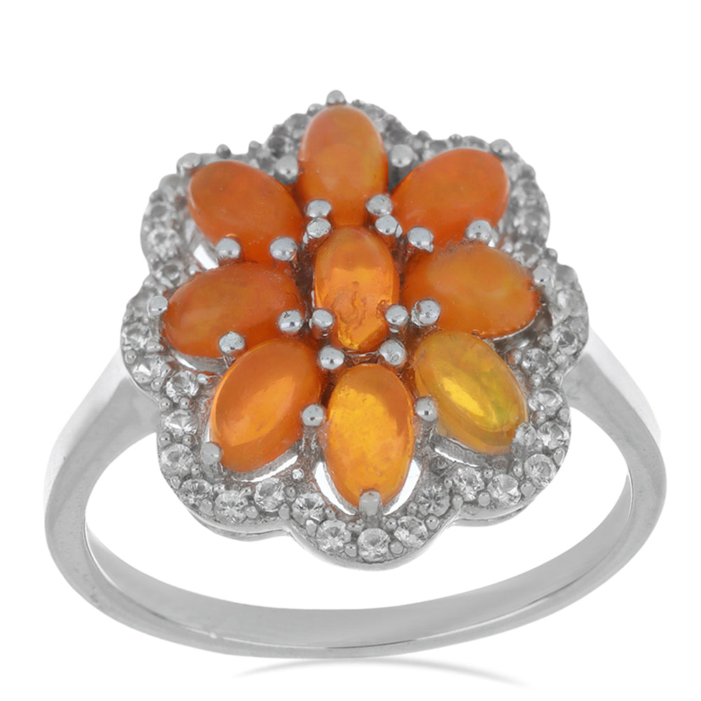 Stříbro 925/1000 Prsten s Oranžovým Opálem z Lega Dembi a Bílým Topazem - Karátové číslo: 2.06. přibližná hmotnost: 4.66 gramů