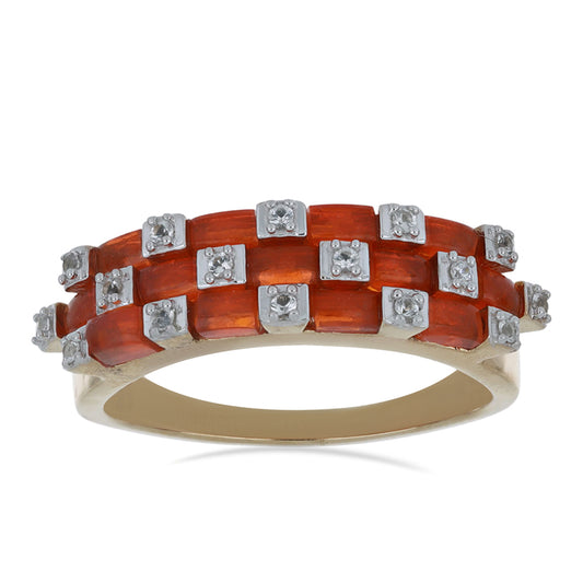 Pozlacené Stříbro 925/1000 - Prsten s Oranžovým Opálem z Lega Dembi a Bílým Topazem - Karátové číslo: 1.23. přibližná hmotnost: 4.74 gramů