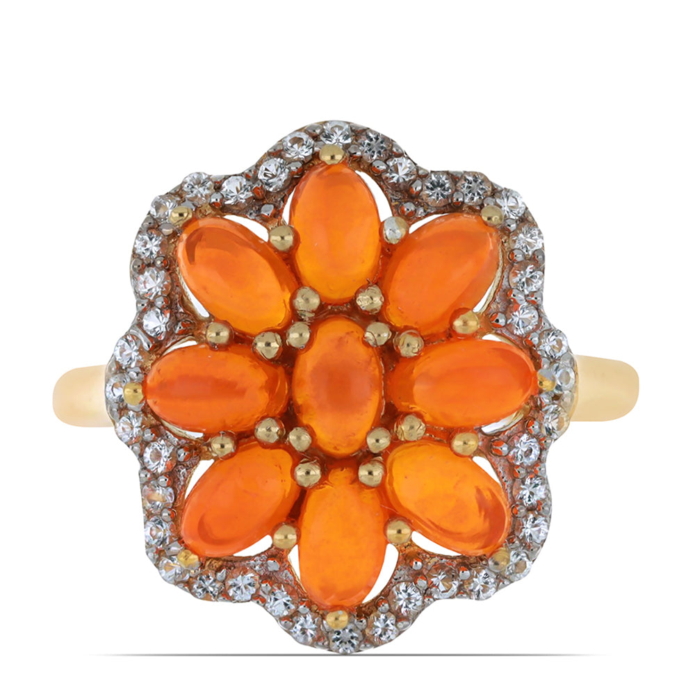 Pozlacené Stříbro 925/1000 - Prsten s Oranžovým Opálem z Lega Dembi a Bílým Topazem - Karátové číslo: 2.02. přibližná hmotnost: 4.45 gramů 1 