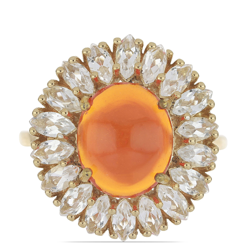 Pozlacené Stříbro 925/1000 - Prsten s Oranžovým Opálem z Lega Dembi a Bílým Topazem - Karátové číslo: 5.46. přibližná hmotnost: 4.98 gramů 1 