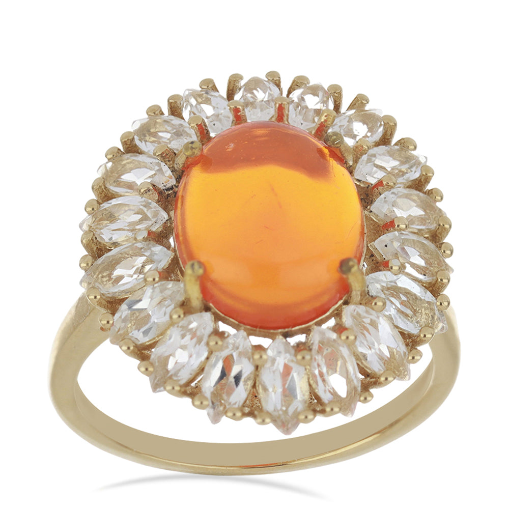 Pozlacené Stříbro 925/1000 - Prsten s Oranžovým Opálem z Lega Dembi a Bílým Topazem - Karátové číslo: 5.46. přibližná hmotnost: 4.98 gramů 2 