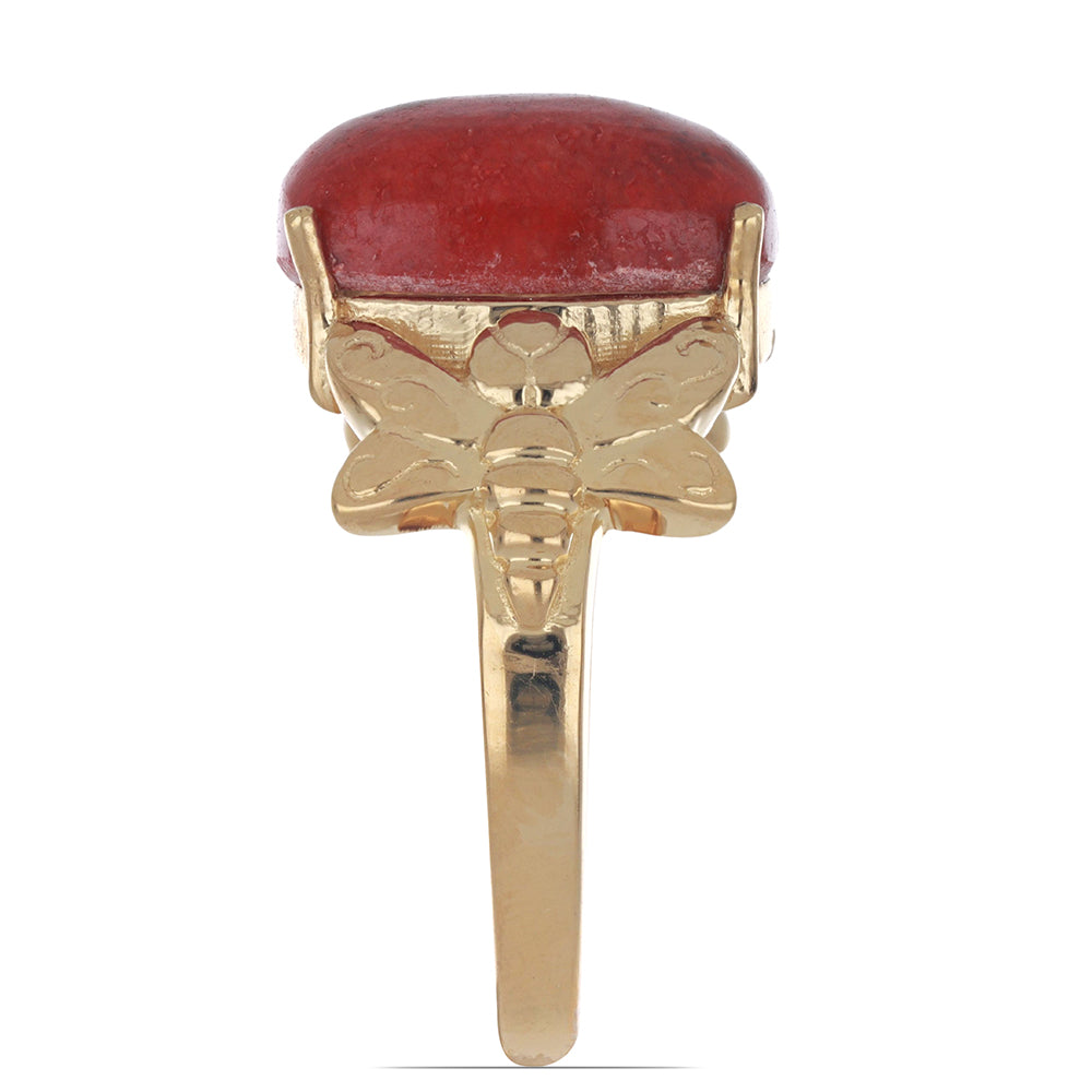 Pozlacené Stříbro 925/1000 - Prsten s Červeným Houbovým Korálem - Karátové číslo: 5.75. přibližná hmotnost: 6.11 gramů 2 