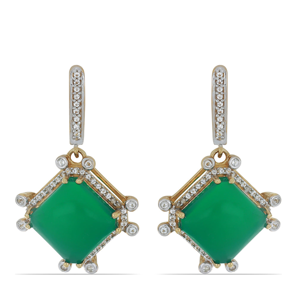 Pozlacené Stříbrné Náušnice se Zeleným Achátem a Bílým Topazem 1 