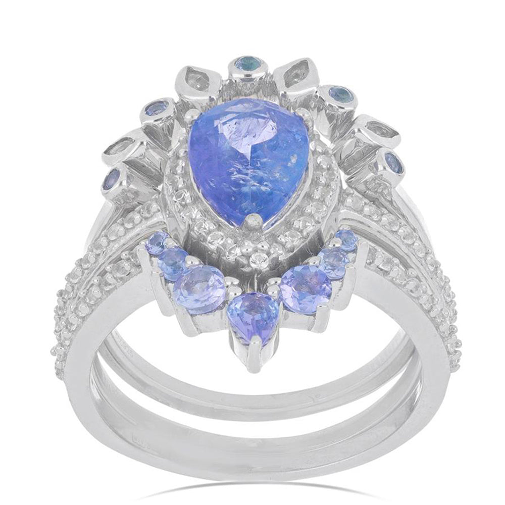 Stříbro 925/1000 - Prsten s Tanzanitem a Bílým Topazem - Karátové číslo: 3.65. přibližná hmotnost: 7.86 gramů