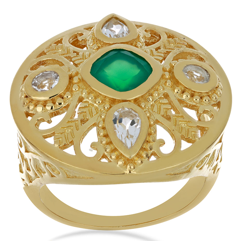 Pozlacené Stříbro 925/1000 - Prsten se Zeleným Achátem a Bílým Topazem - Karátové číslo: 1.73. přibližná hmotnost: 8.89 gramů