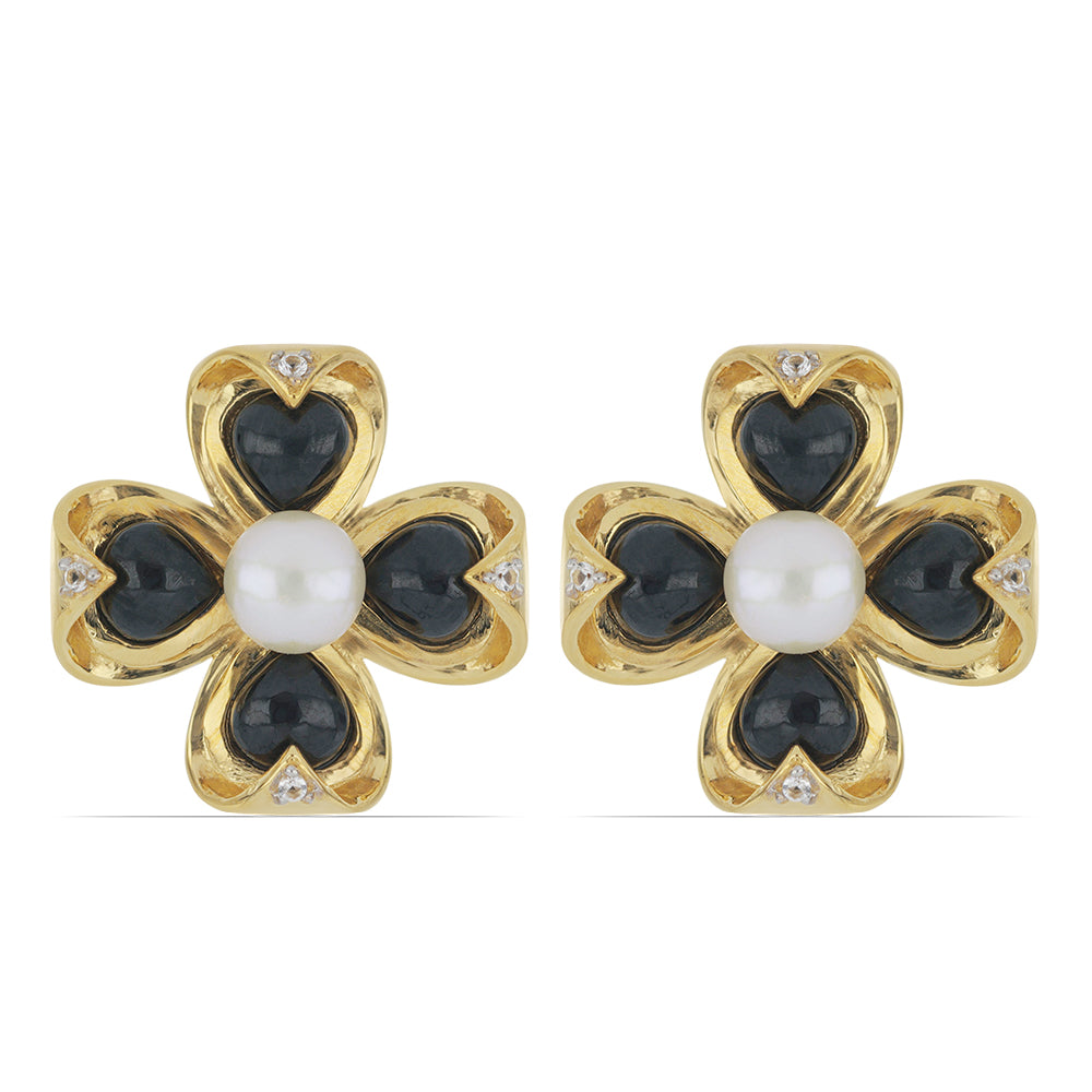 Pozlacené Stříbrné Náušnice s Černým Suwarským Onyxem a Bílou Sladkovodní Perlou