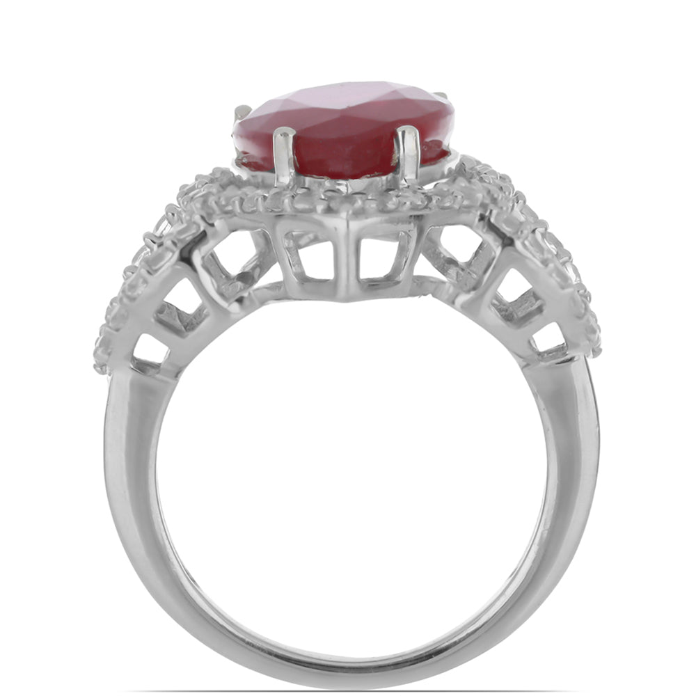 Stříbro 925/1000 - Prsten s Madagaskarským Rubínem a Bílým Topazem - Karátové číslo: 8.19. přibližná hmotnost: 5.36 gramů