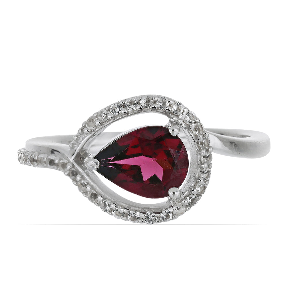 Stříbrný Prsten s Rhodolitovým Granátem z Minas Moatize a Bílým Topazem