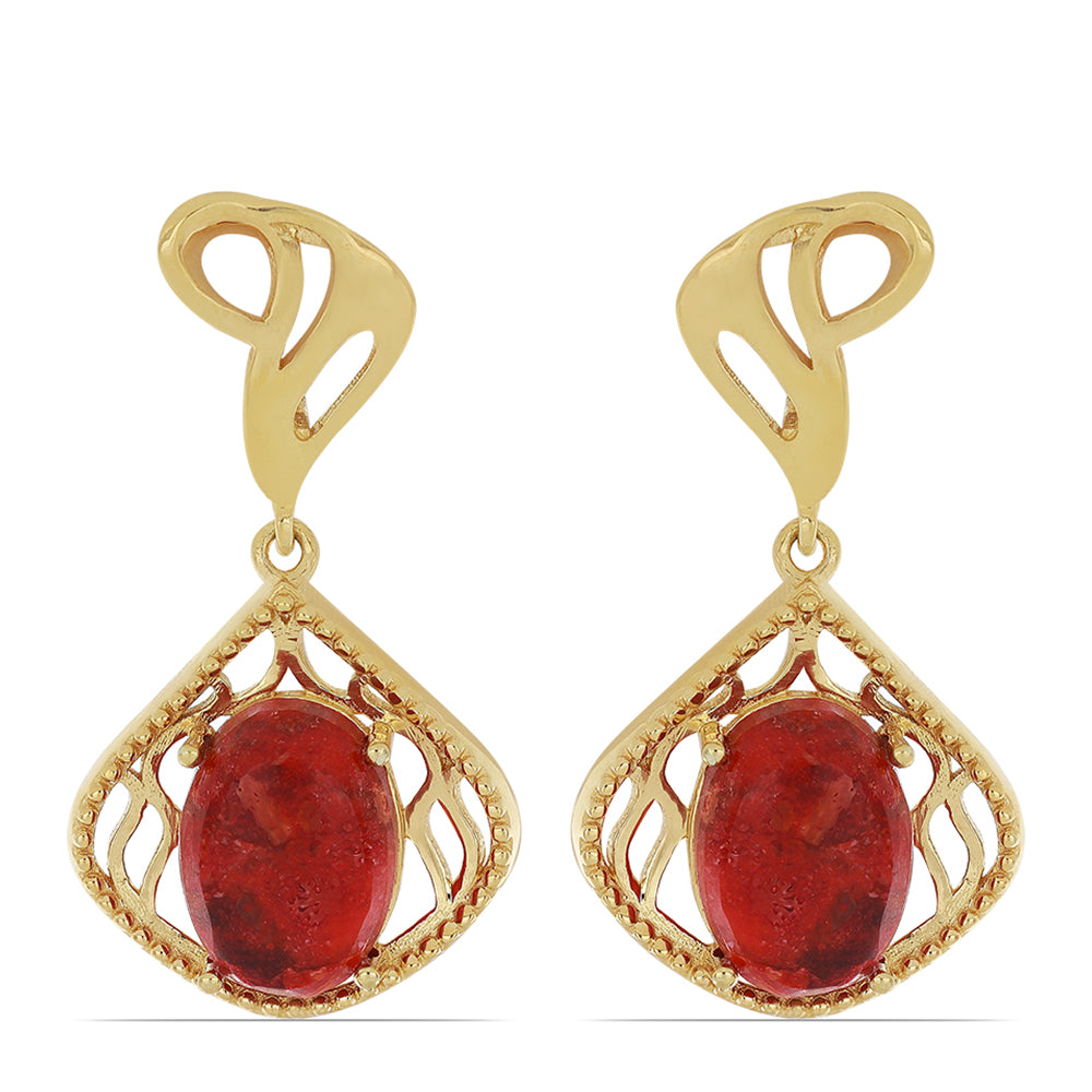 Pozlacené Stříbro 925/1000 - Náušnice s Červeným Houbovým Korálem - Karátové číslo: 9.4. přibližná hmotnost: 8.54 gramů