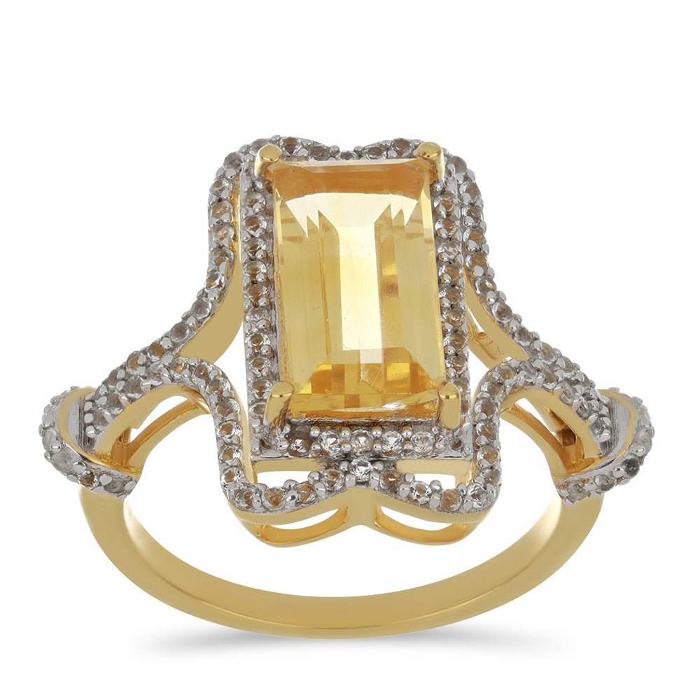 Pozlacený Stříbrný Prsten s Uralským Citrínem a Bílým Topazem