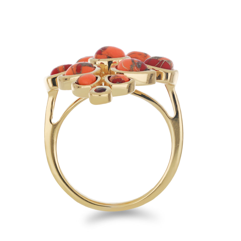 Pozlacený Stříbrný Prsten s Mohavským Tyrkysem a Bartonským Granátem