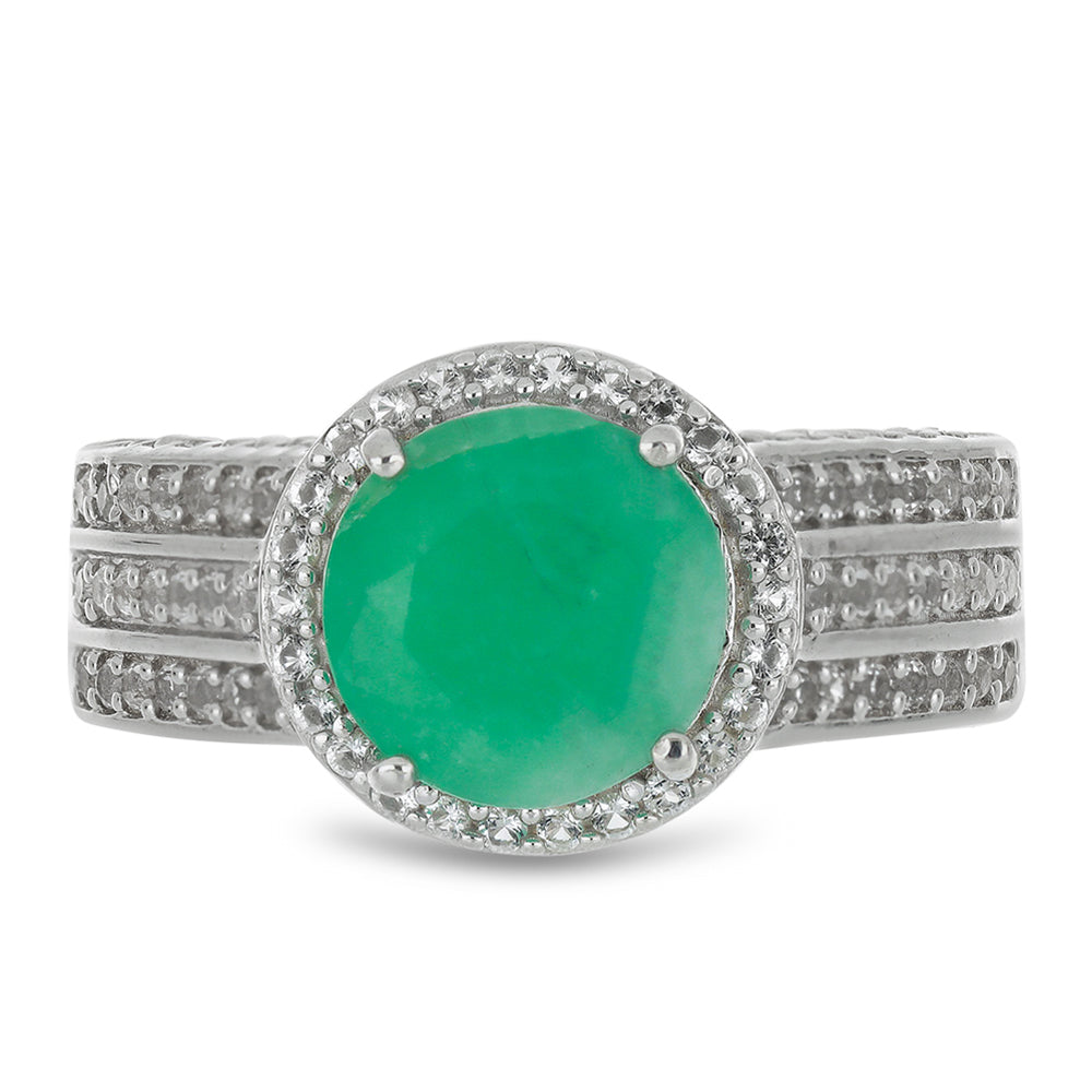 Stříbro 925/1000 - Prsten s Brazilským Smaragdem a Bílým Topazem - Karátové číslo: 4.68. přibližná hmotnost: 6.87 gramů