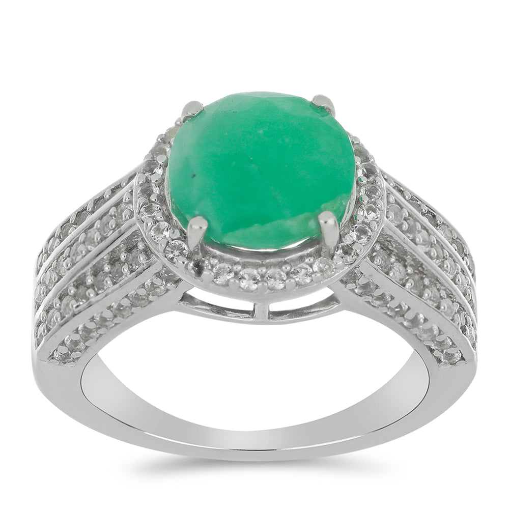 Stříbro 925/1000 - Prsten s Brazilským Smaragdem a Bílým Topazem - Karátové číslo: 4.68. přibližná hmotnost: 6.87 gramů