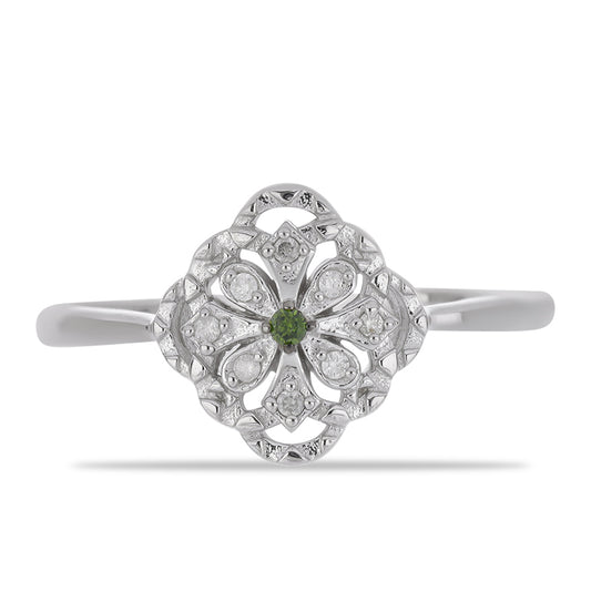 Stříbrný Prsten se Zeleným Diamantem a Bílým Diamantem