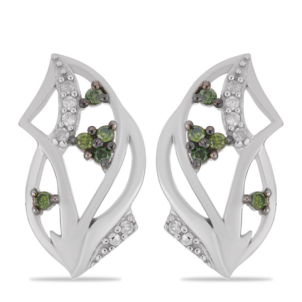 Stříbrné Náušnice se Zeleným Diamantem a Bílým Diamantem