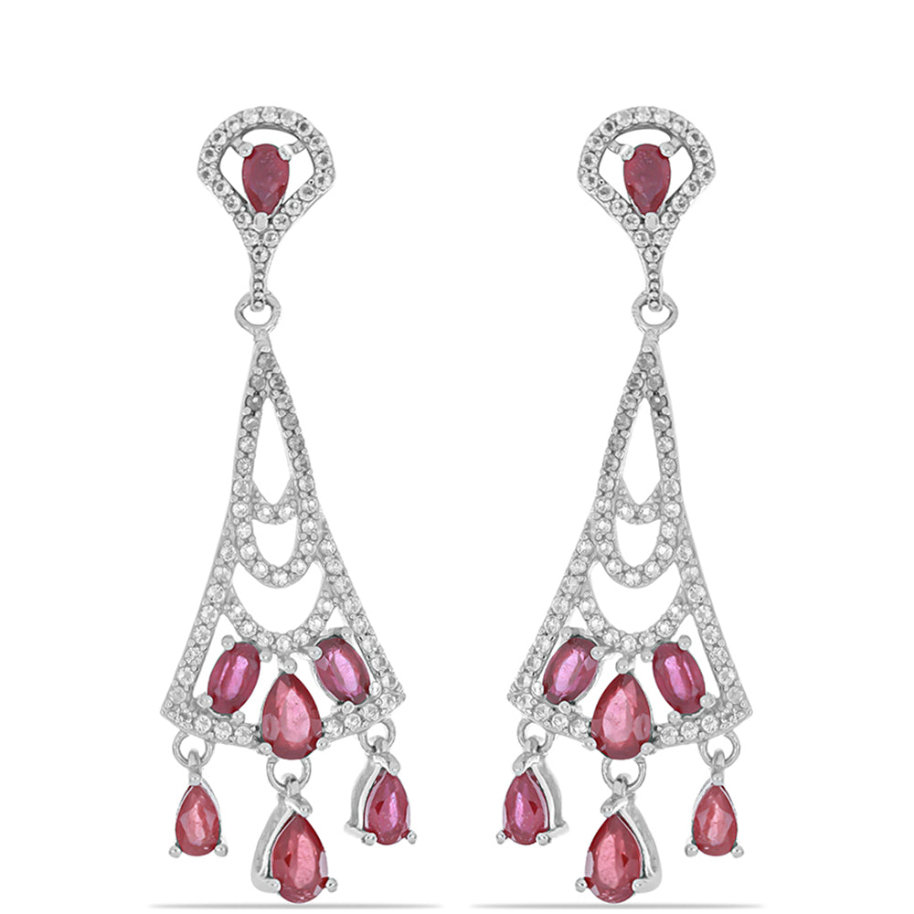 Stříbro 925/1000 - Náušnice s Madagaskarským Rubínem a Bílým Topazem - Karátové číslo: 6.5. přibližná hmotnost: 10.1 gramů